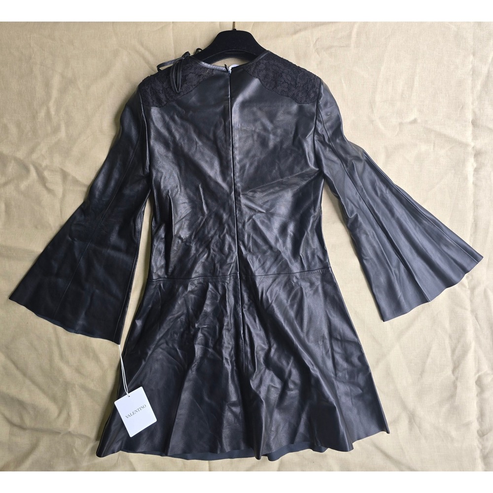 Valentino Black Leather Lace Yoke Bell Sleeve Mini Dress TB3ND05N-1AW Size 36